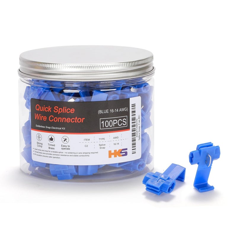 HK-S 100PCS Blue Quick Splice Wire Connectors 16-14 AWG | IDC Solderless Snap Lock Crimp Terminal | Self-Stripping Insulated Electrical Splice Connector for Automotive, Marine & DIY Wiring - Image 1